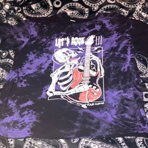 romwe black and purple tie dye shirt with a skeleton:]